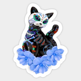 Day Of The Dead Sugar Skull Cat Blue Flowers Sticker